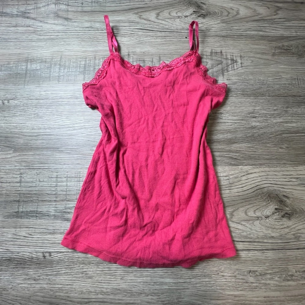 Faded Glory Camisole Women L 12-14 Pink Lace Trim Ribbed Cotton FL12158 Tank Top